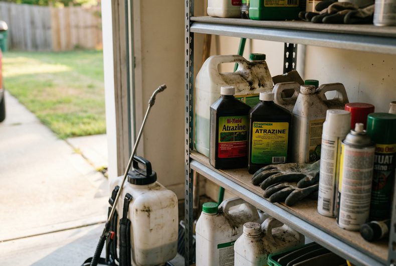 Consumer atrazine lawn care products on garage shelf with sprayer