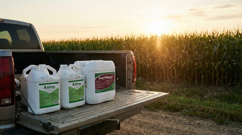 Atrazine herbicide containers on truck tailgate in front of cornfield at sunset