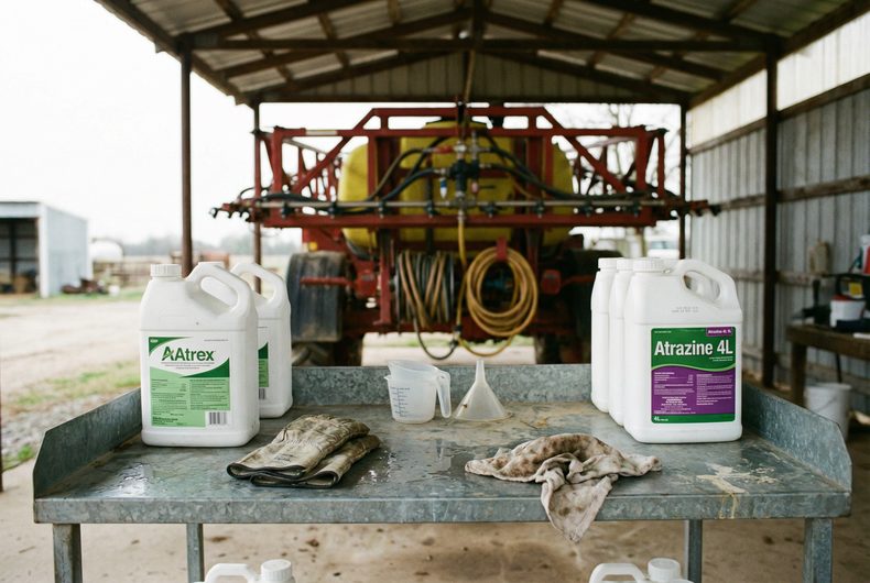 Atrazine herbicide mixing station with spray equipment on farm