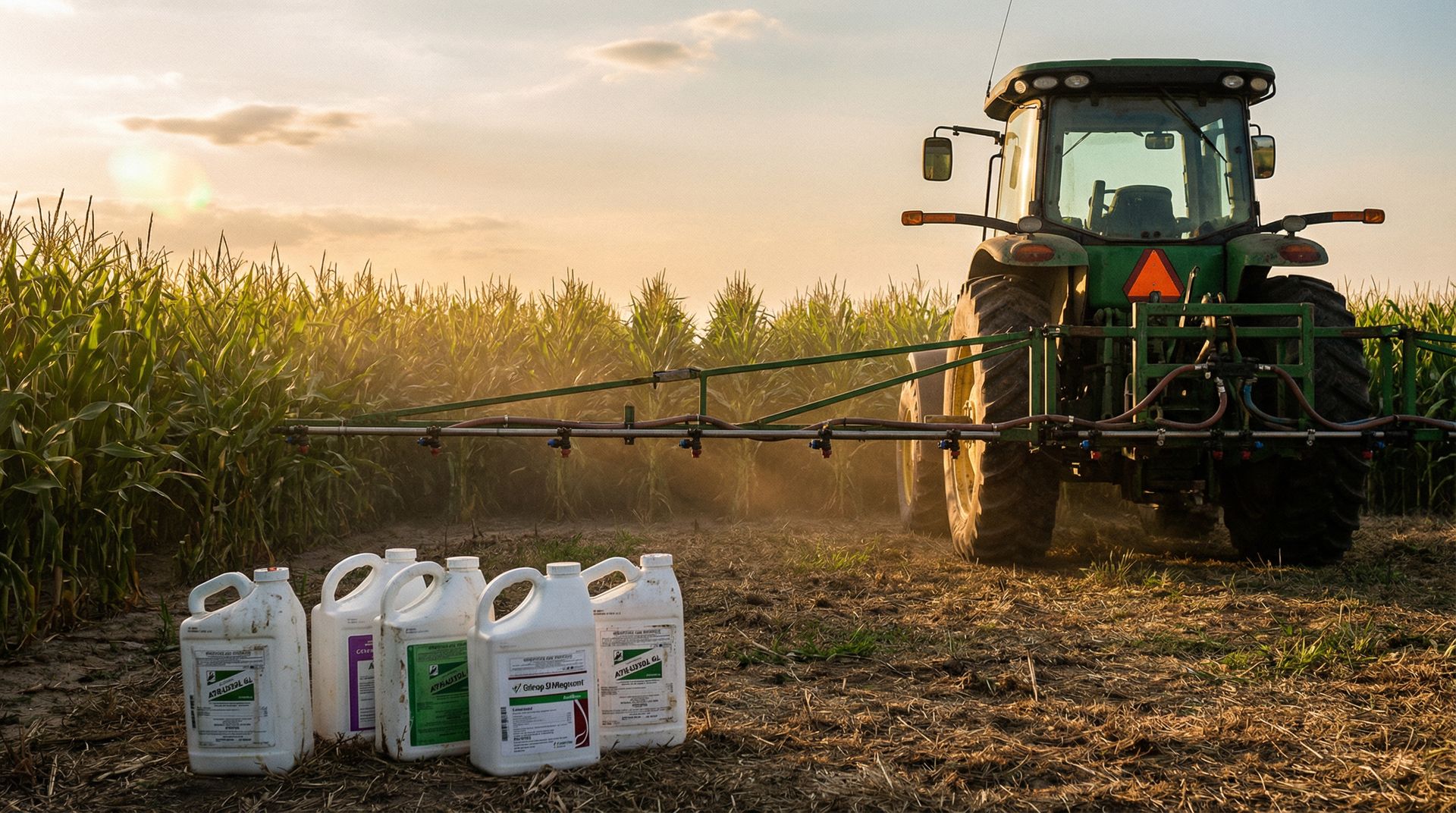Atrazine herbicide products lined up in front of crop sprayer in cornfield