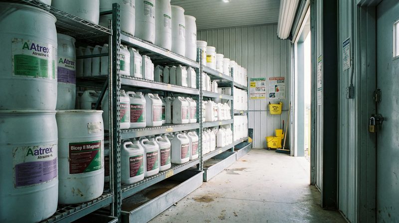 Chemical storage shed with shelves of atrazine herbicide containers